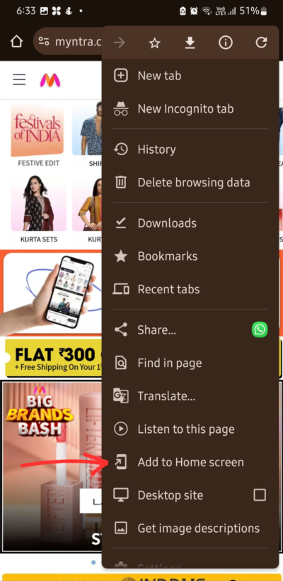 A screenshot of Myntra website on chrome browser with an arrow showing the 'add to home screen' option