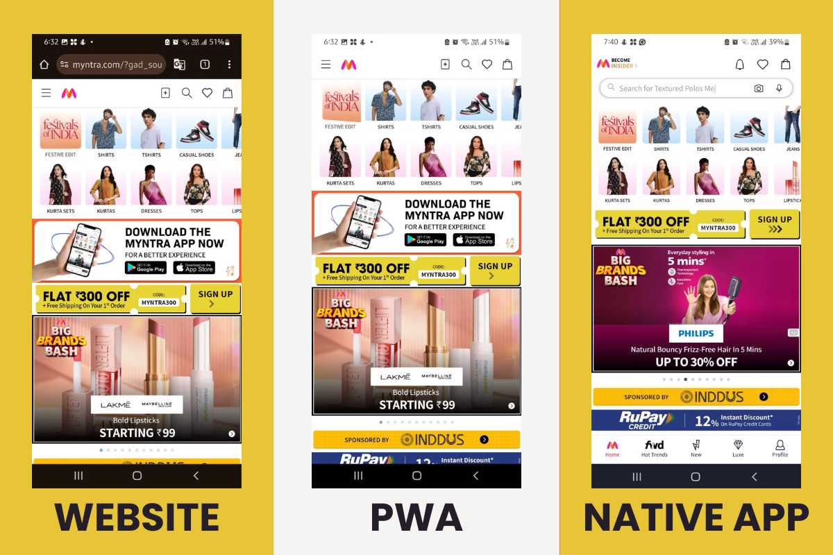 An image containg screenshots of the UI of Myntra's website, progressive web app (PWA) , and native apps